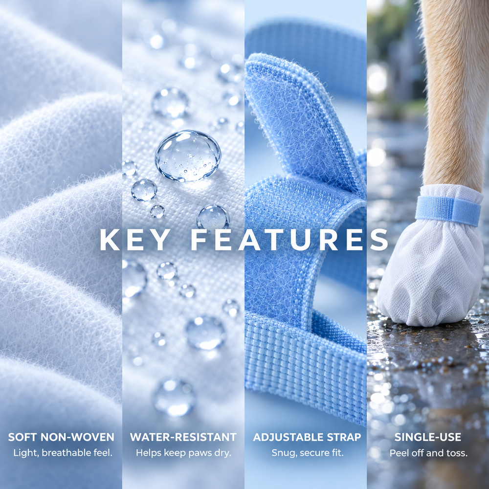 Key features of AeroPaws paw covers: soft non-woven, water-resistant, adjustable strap, single-use