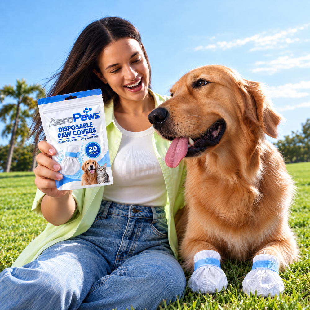 A pet parent with her golden retriever wearing AeroPaws paw covers