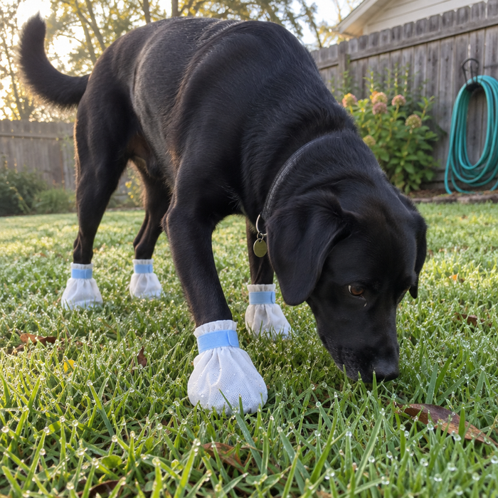 A Labrador sniffing wet grass