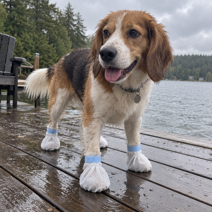 A beagle on a rainy dock