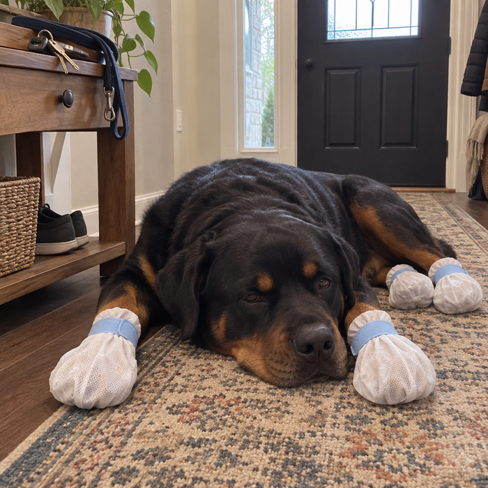 A Rottweiler resting at the door