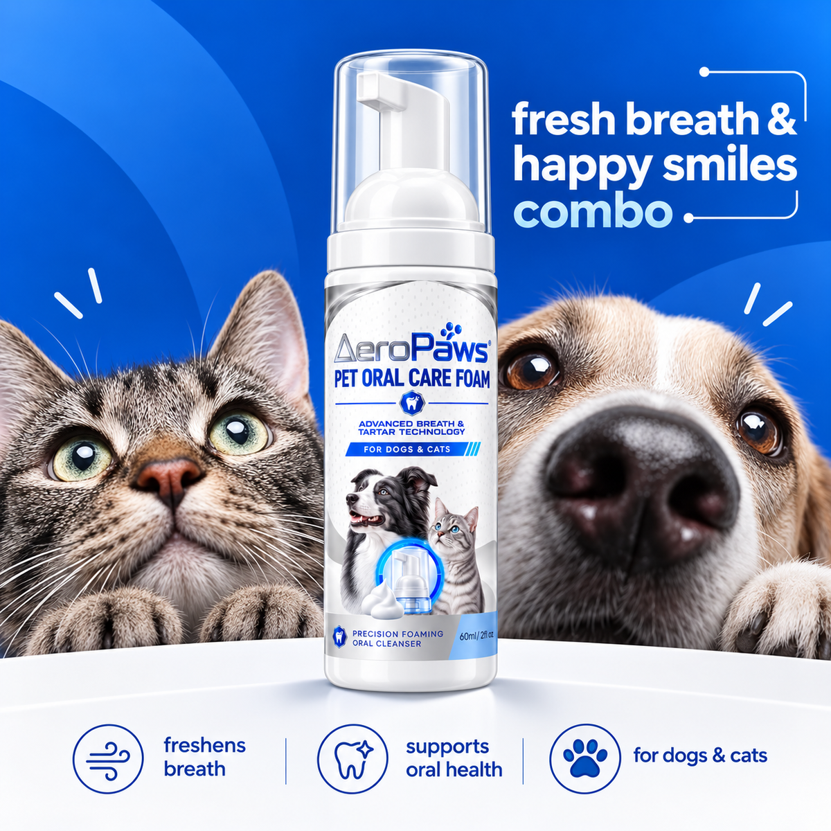AeroPaws dental foam pump bottle between a cat and a dog for fresh breath and happy smiles