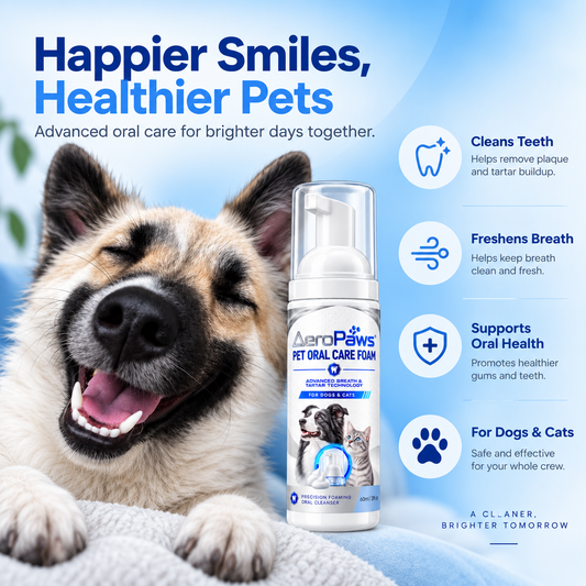 AeroPaws Pet Oral Care Foam bottle, a no-brush teeth cleaning foam for dogs and cats