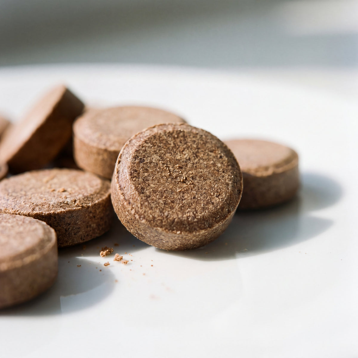 Round chicken-flavoured glucosamine chewable tablets for dogs up close