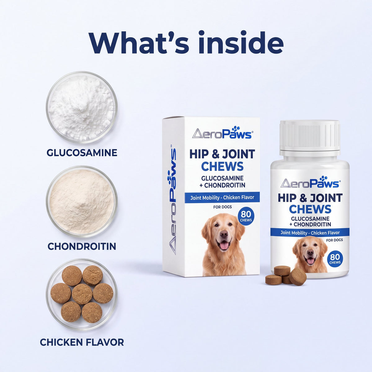 What's inside: glucosamine, chondroitin and chicken-flavoured chewable tablets