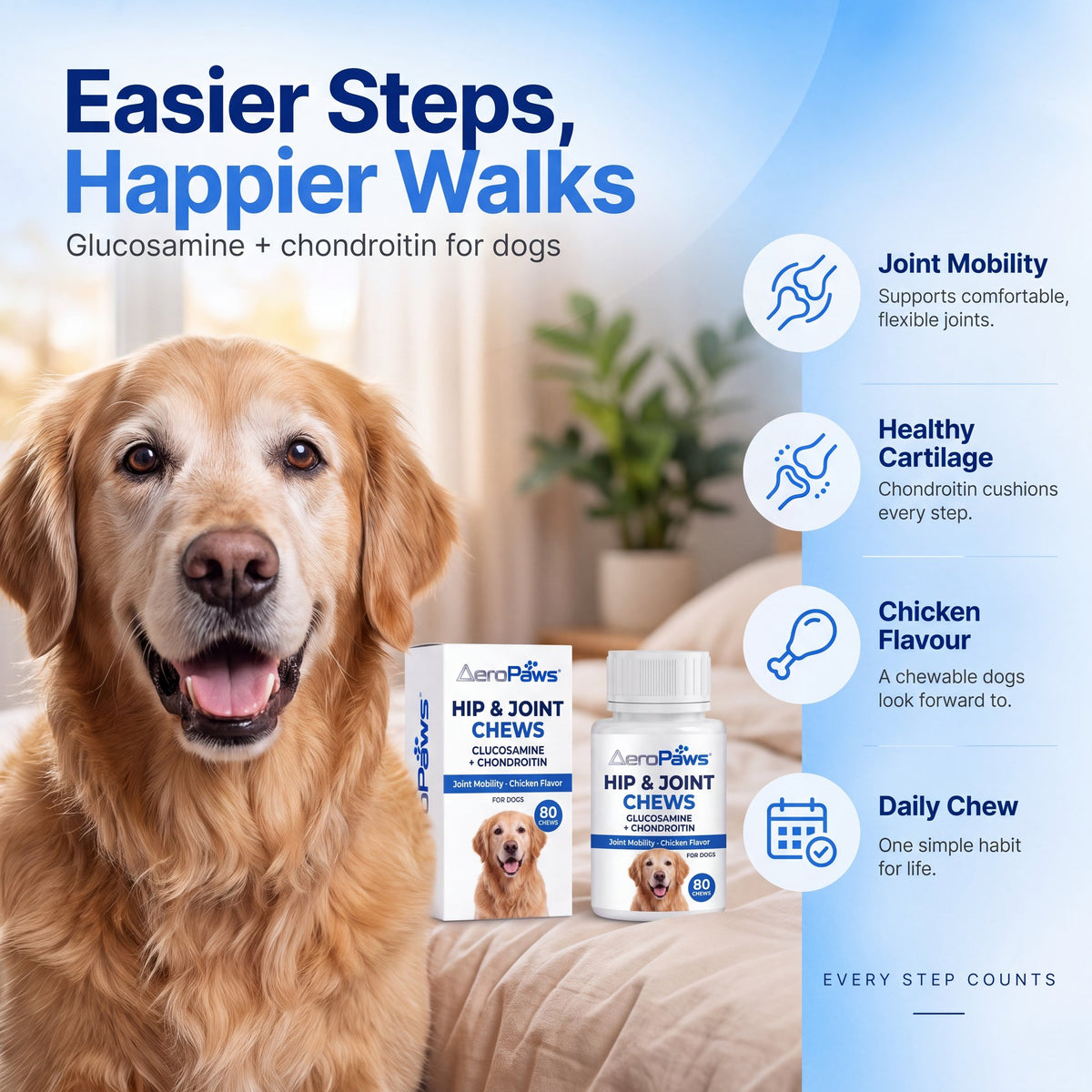 AeroPaws Hip & Joint Chews bottle and box, glucosamine and chondroitin chews for dogs, 80 count
