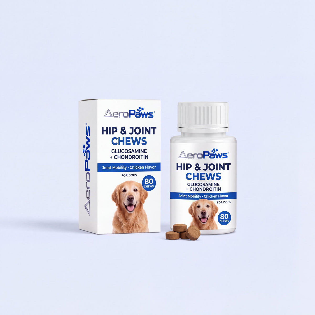 Two AeroPaws Hip & Joint Chews packs for dogs