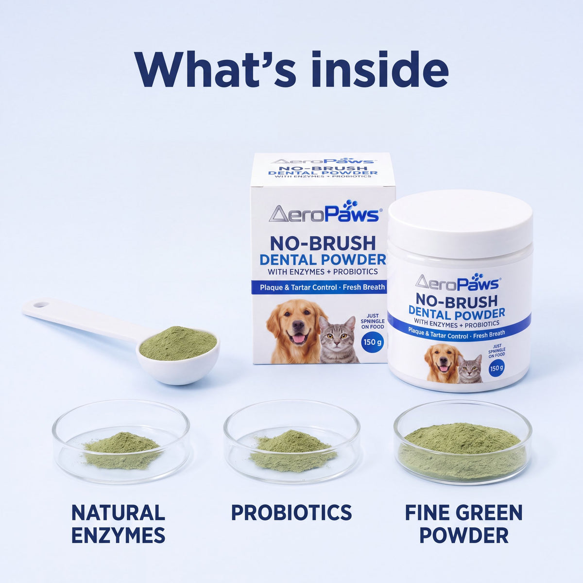 What's inside the dog dental powder: natural enzymes, probiotics and a fine green powder