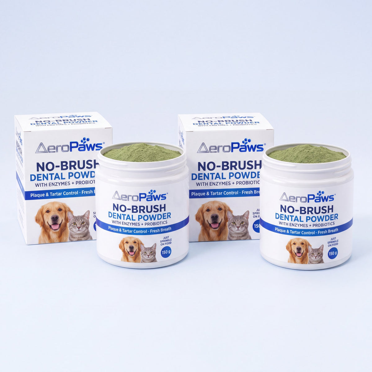 Two jars of AeroPaws No-Brush Dental Powder for dogs