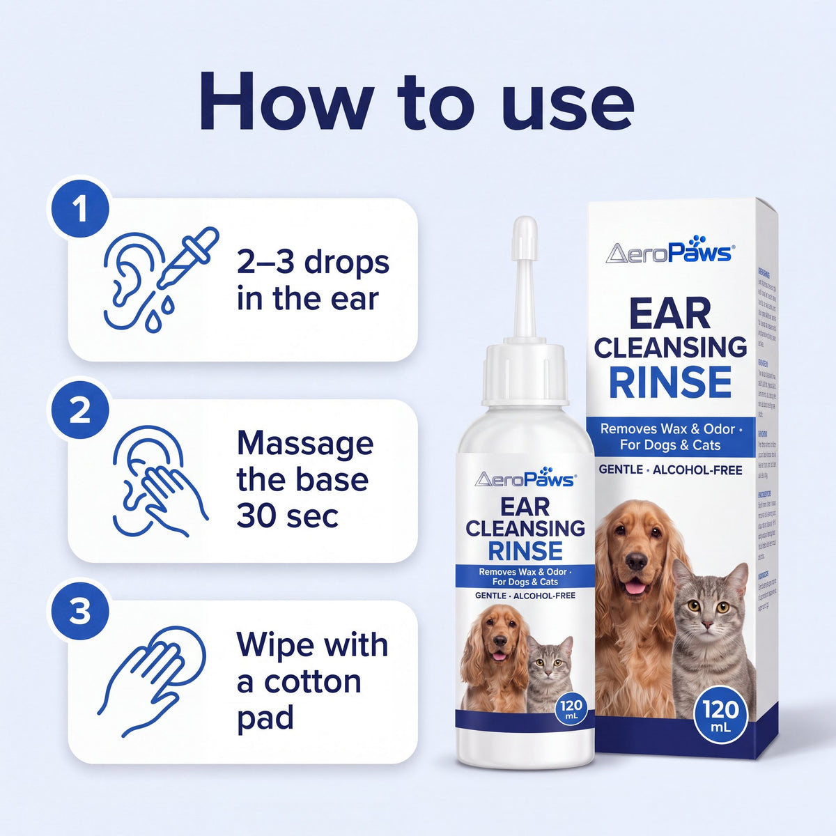 How to use: 2–3 drops in the ear, massage the base for 30 seconds, wipe with a cotton pad