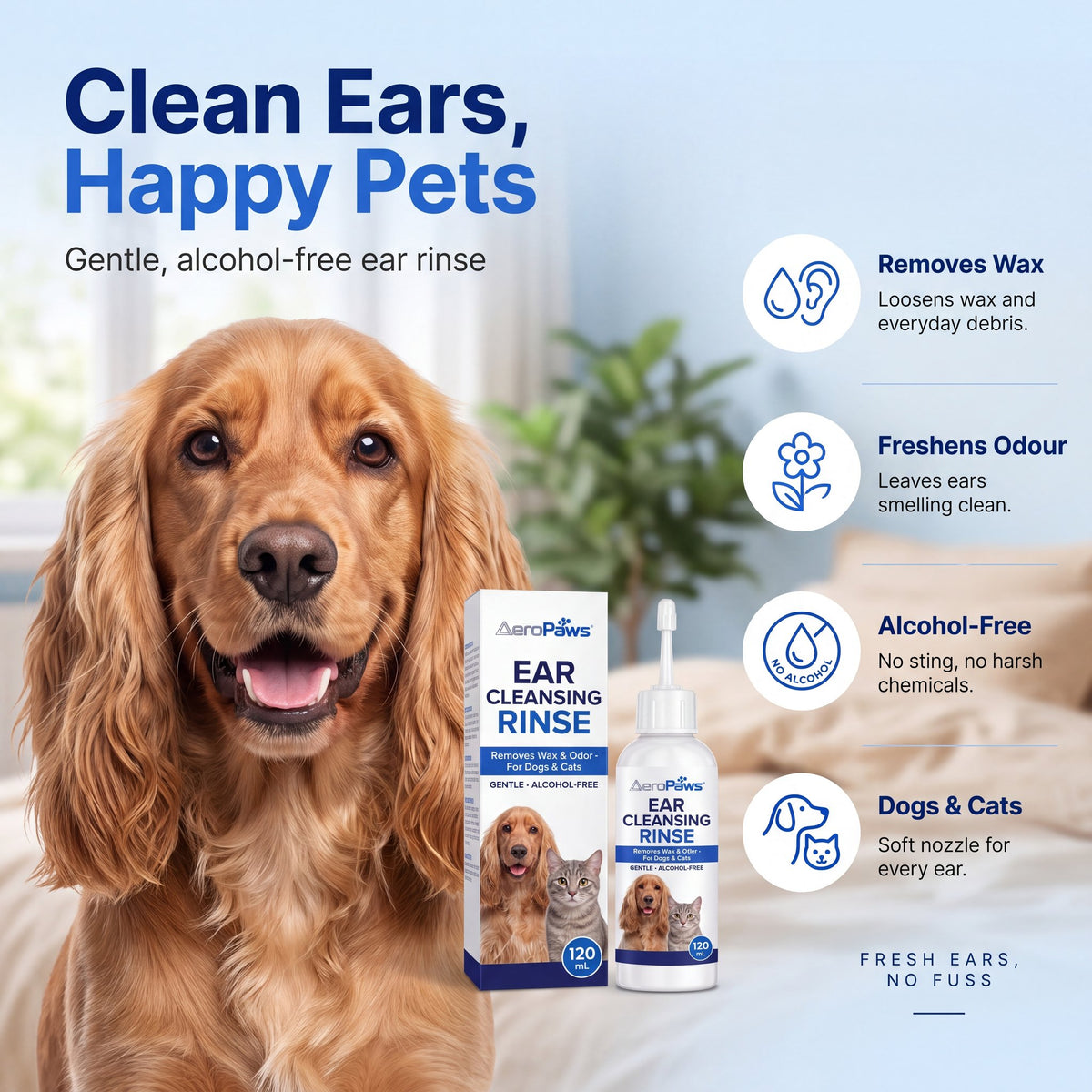 AeroPaws Ear Cleansing Rinse 120 mL bottle and box, an alcohol-free ear cleaner for dogs and cats