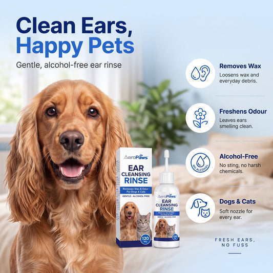 AeroPaws Ear Cleansing Rinse 120 mL bottle and box, an alcohol-free ear cleaner for dogs and cats