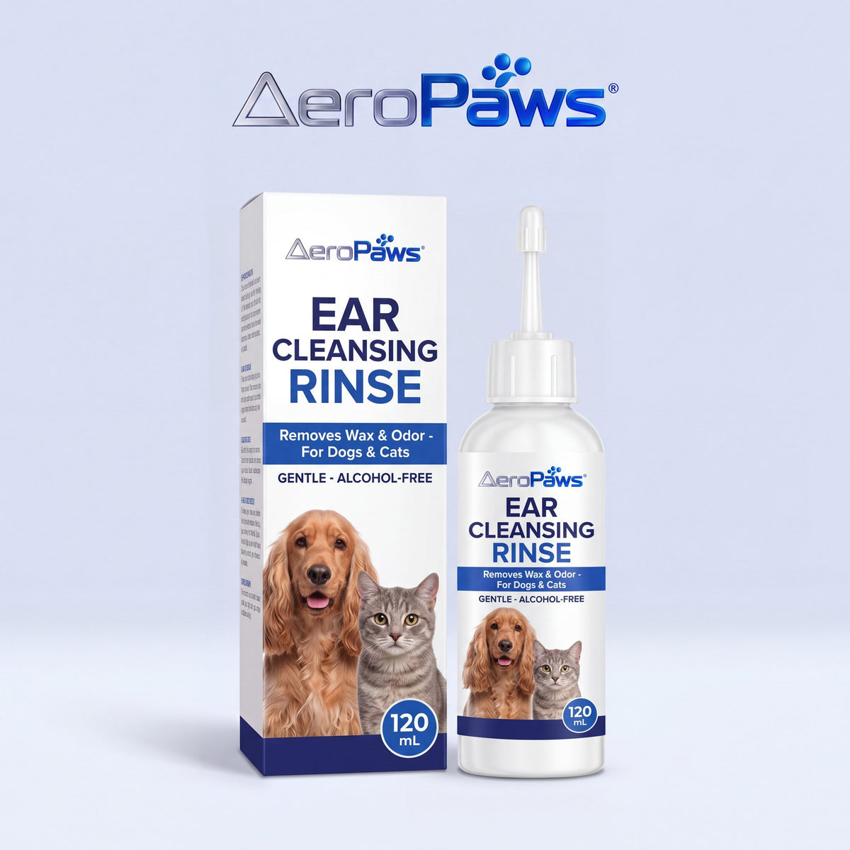 Two AeroPaws Ear Cleansing Rinse bottles for dogs and cats
