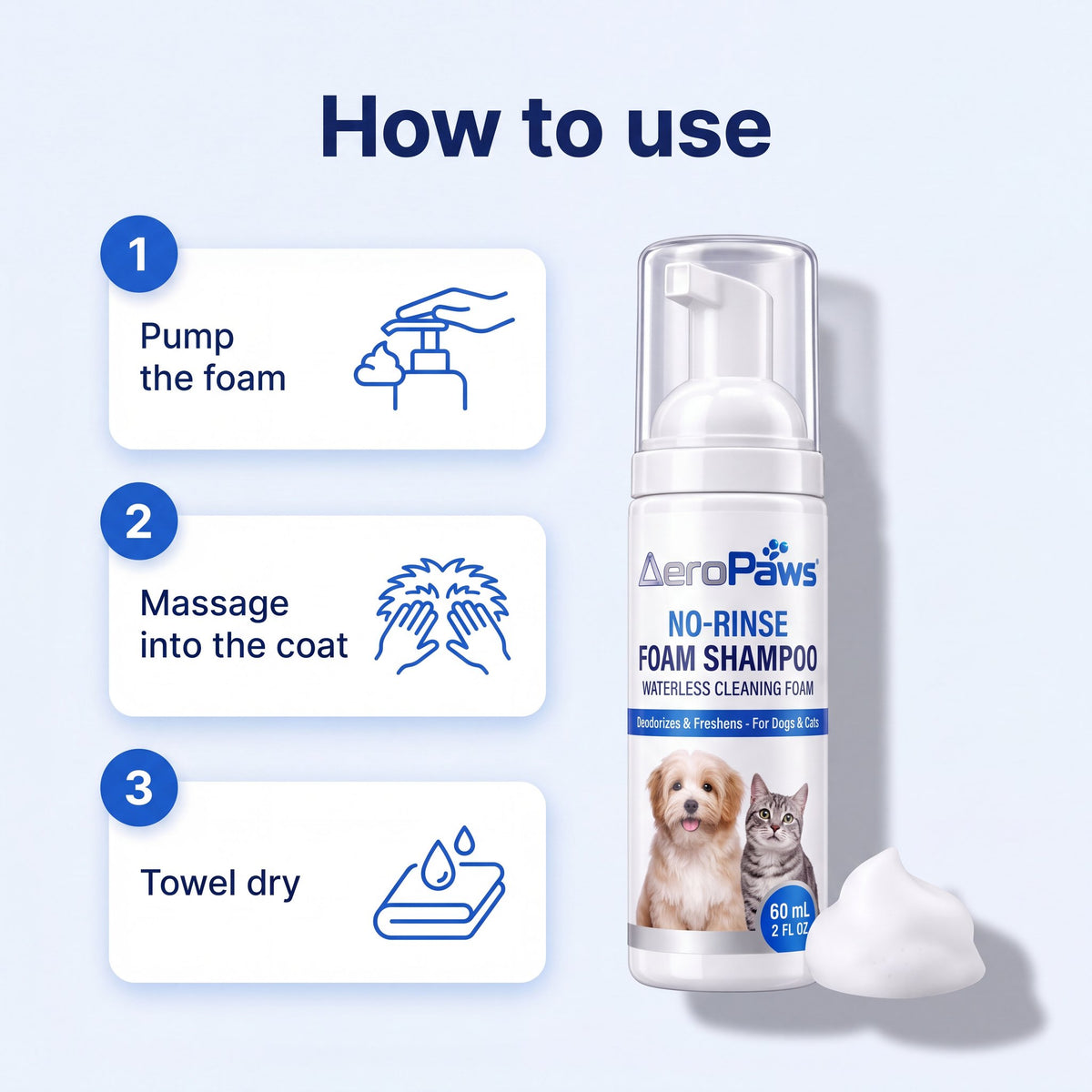 How to use: pump the foam, massage it into the coat, towel dry