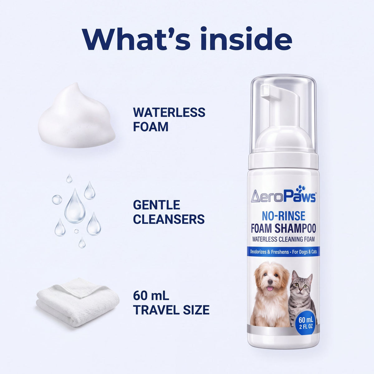 What's inside: waterless foam with gentle cleansers in a 60 mL travel size