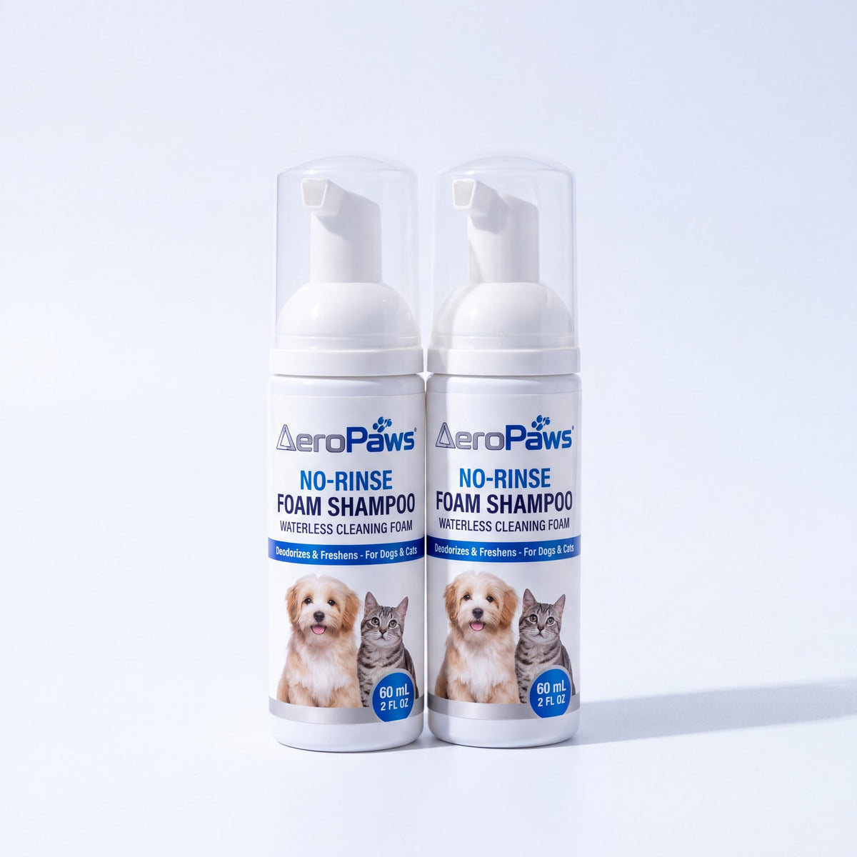 Two bottles of AeroPaws No-Rinse Foam Shampoo for dogs and cats