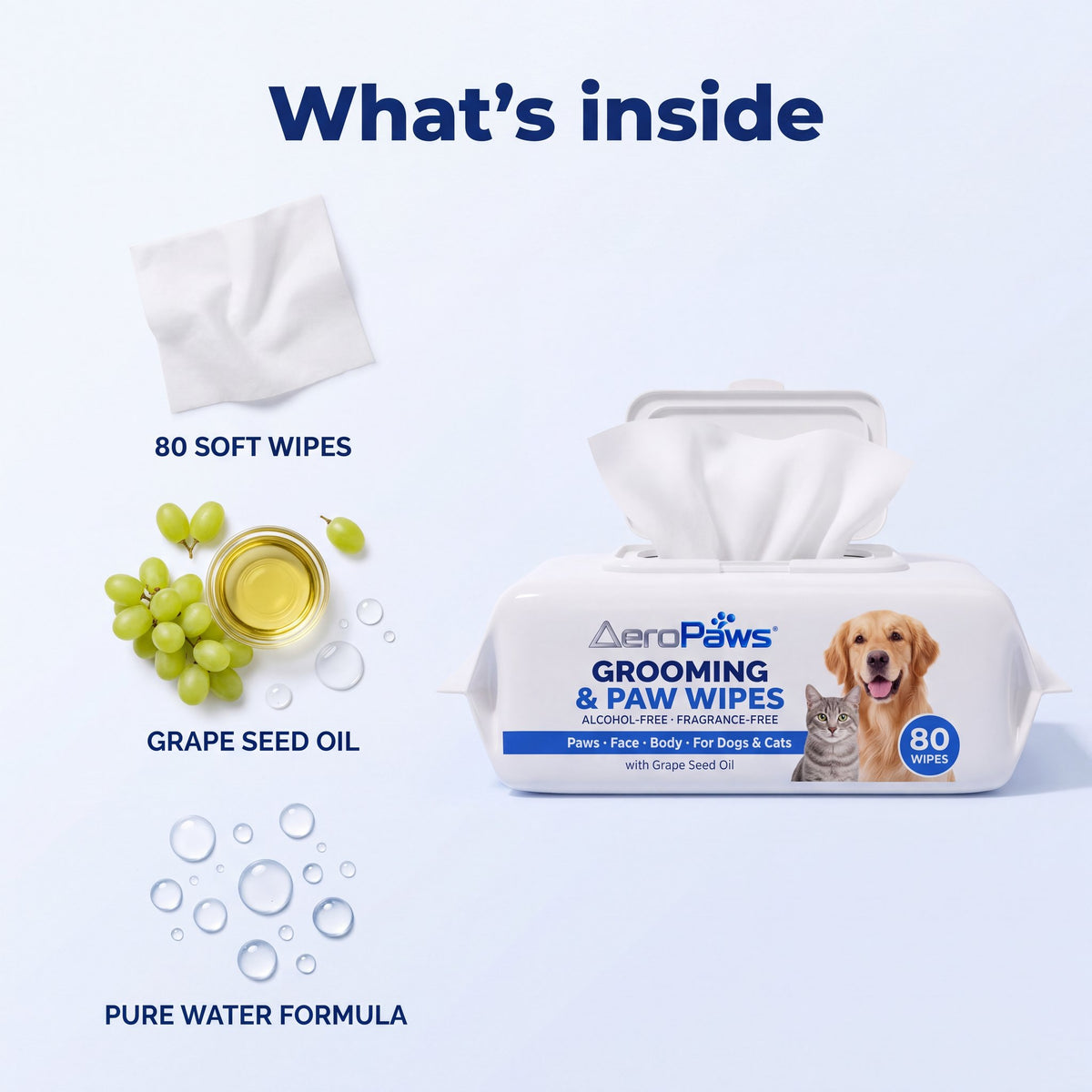 What's inside: 80 soft wipes with grape seed oil and a pure water formula
