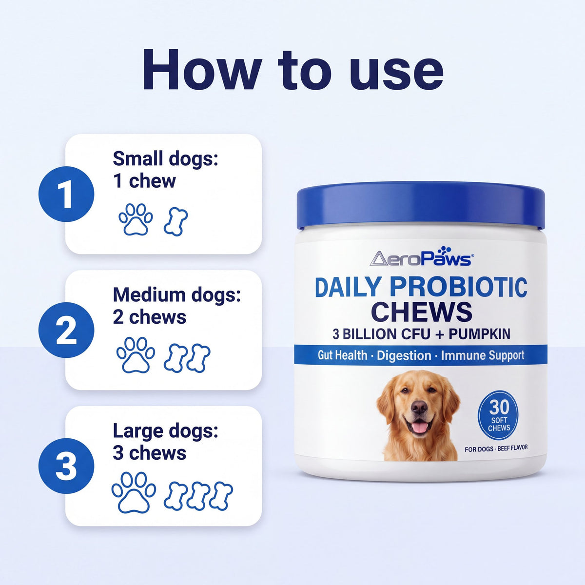 How to use: small dogs 1 chew, medium dogs 2 chews, large dogs 3 chews a day