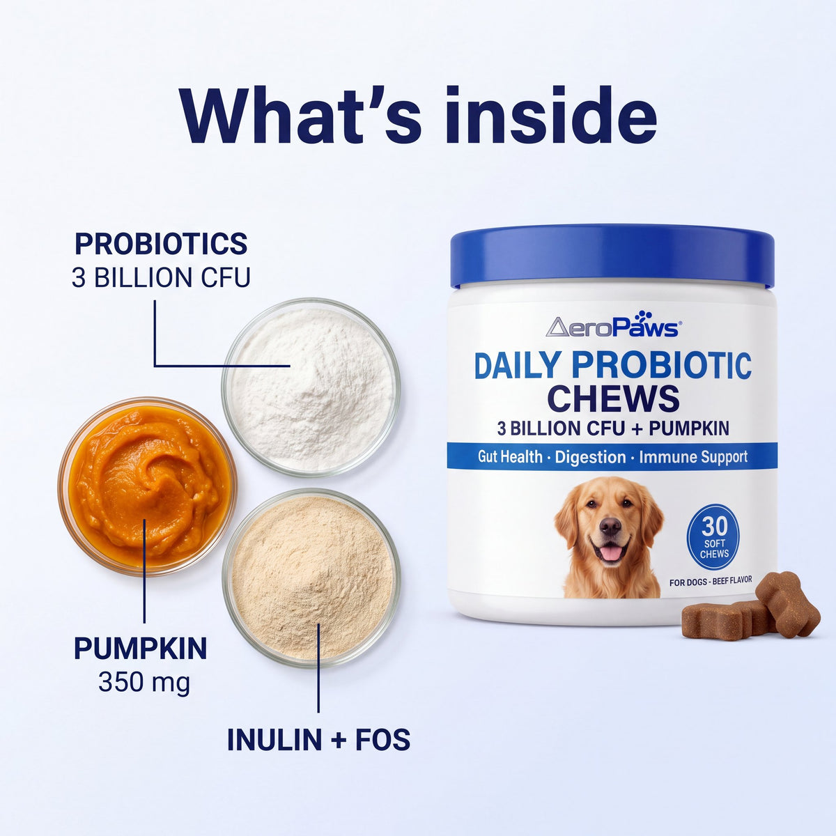 What's inside: probiotics 3 billion CFU, pumpkin 350 mg, inulin and FOS per chew