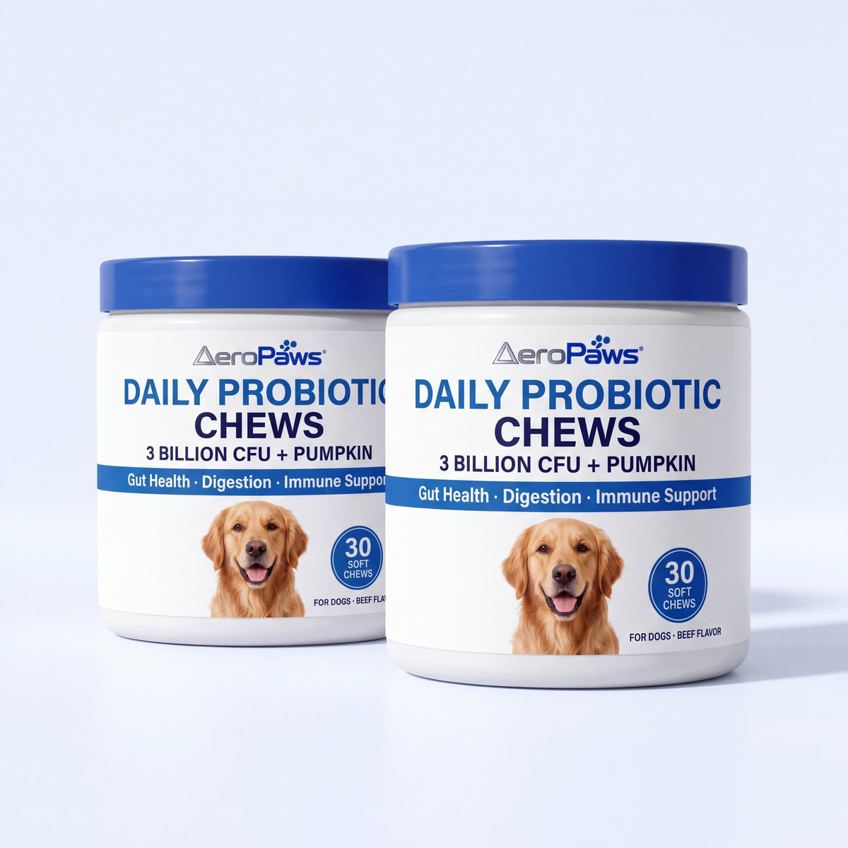 Two tubs of AeroPaws Daily Probiotic Chews for dogs