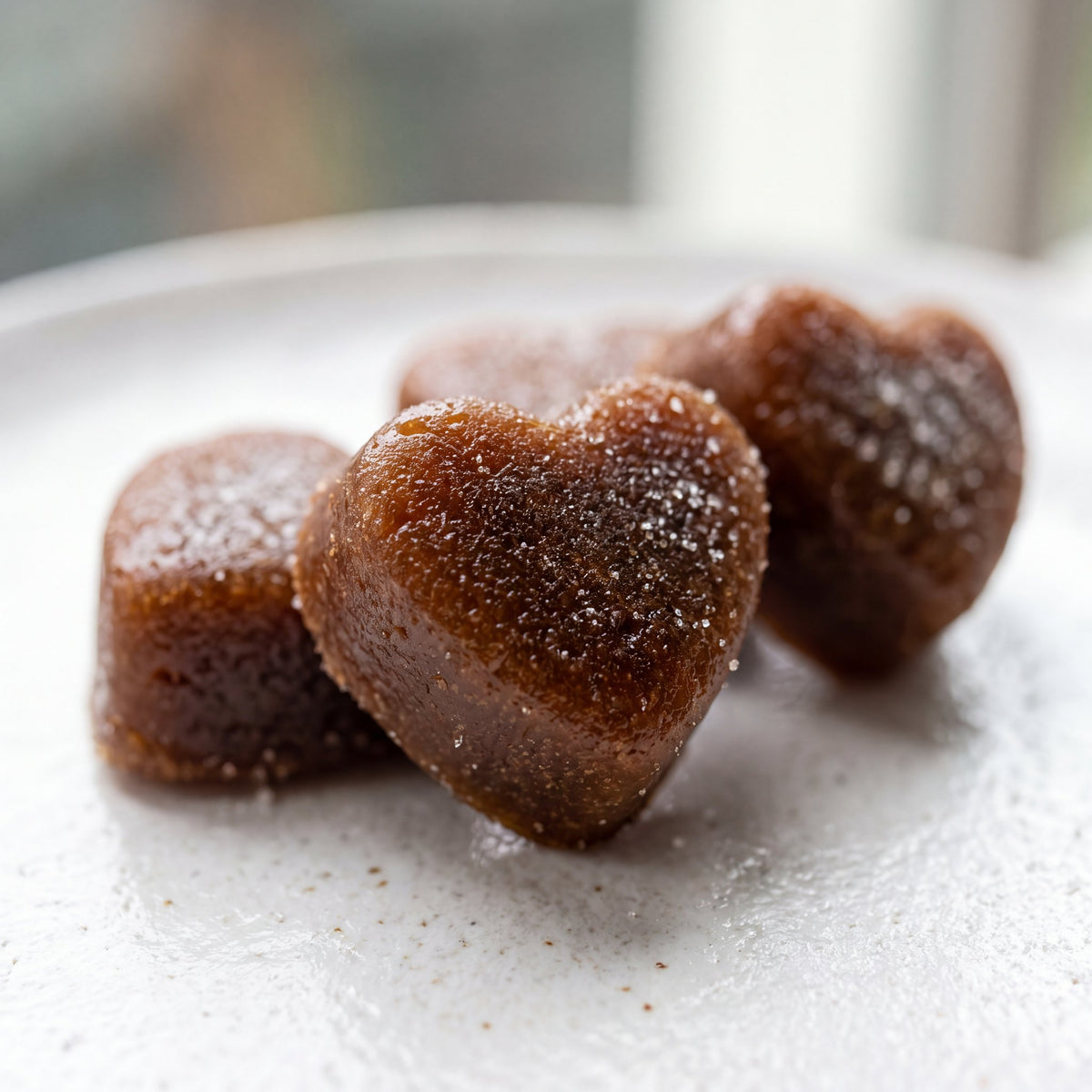 Heart-shaped skin and coat soft chews for dogs on a plate