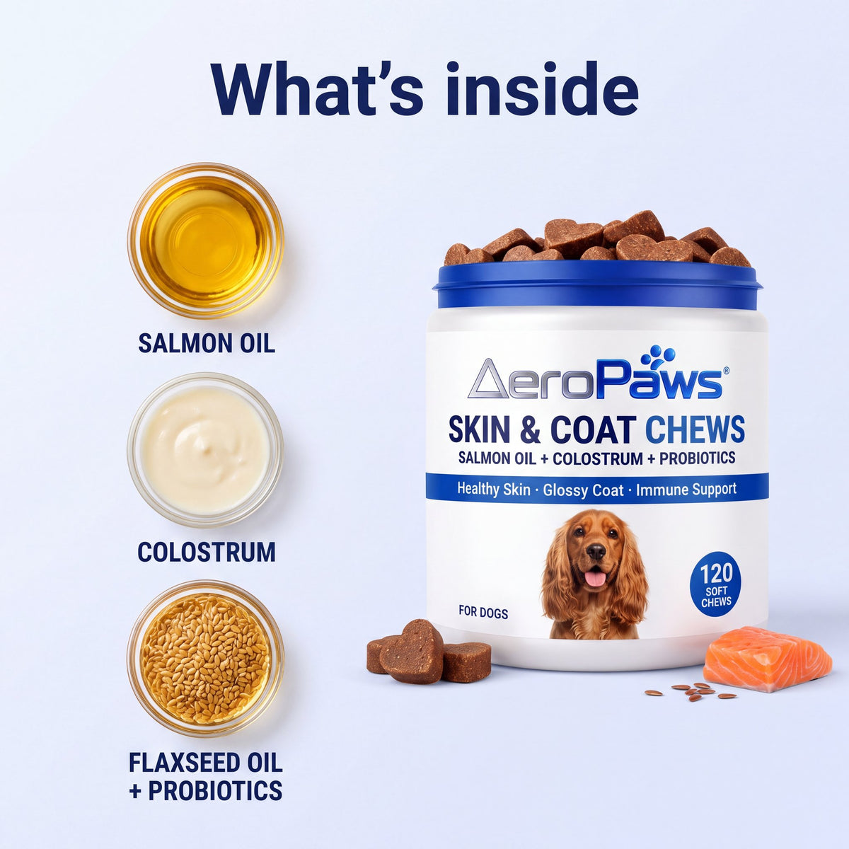 What's inside: salmon oil, colostrum, flaxseed oil and probiotics
