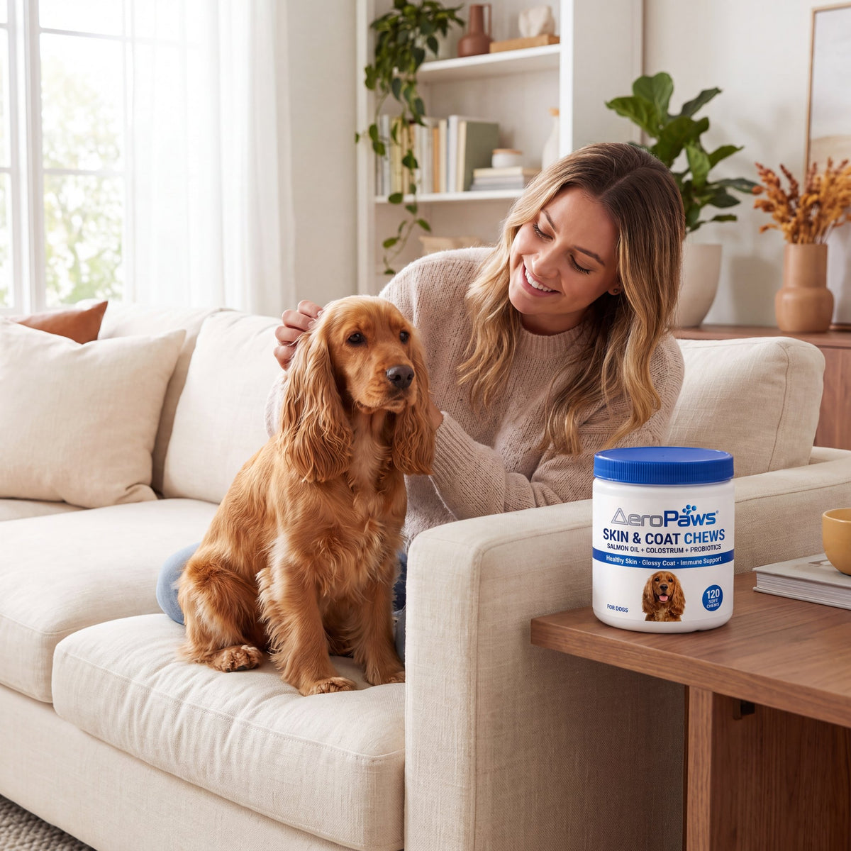 Woman on the sofa with her spaniel and a tub of AeroPaws Skin & Coat Chews