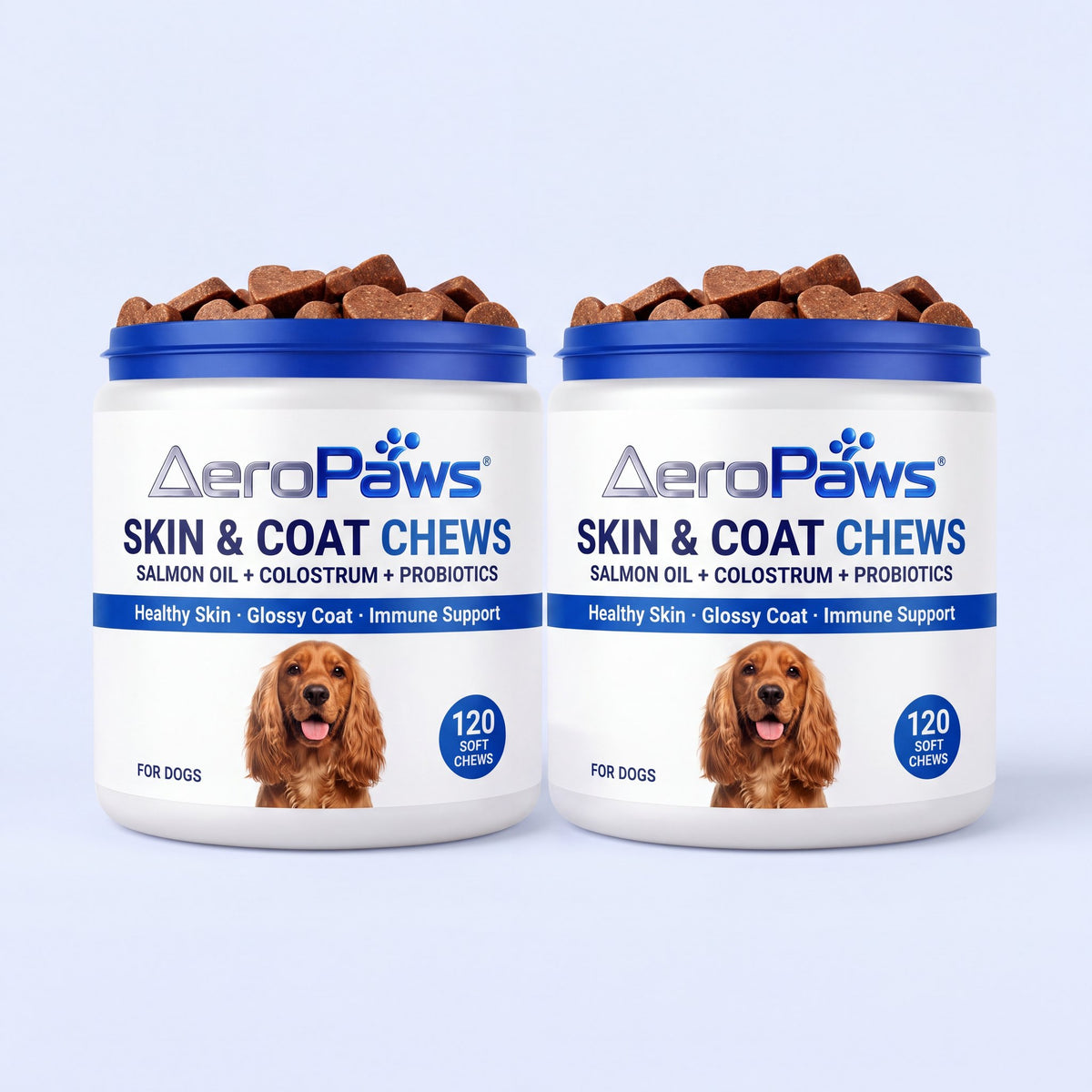 Two tubs of AeroPaws Skin & Coat Chews for dogs