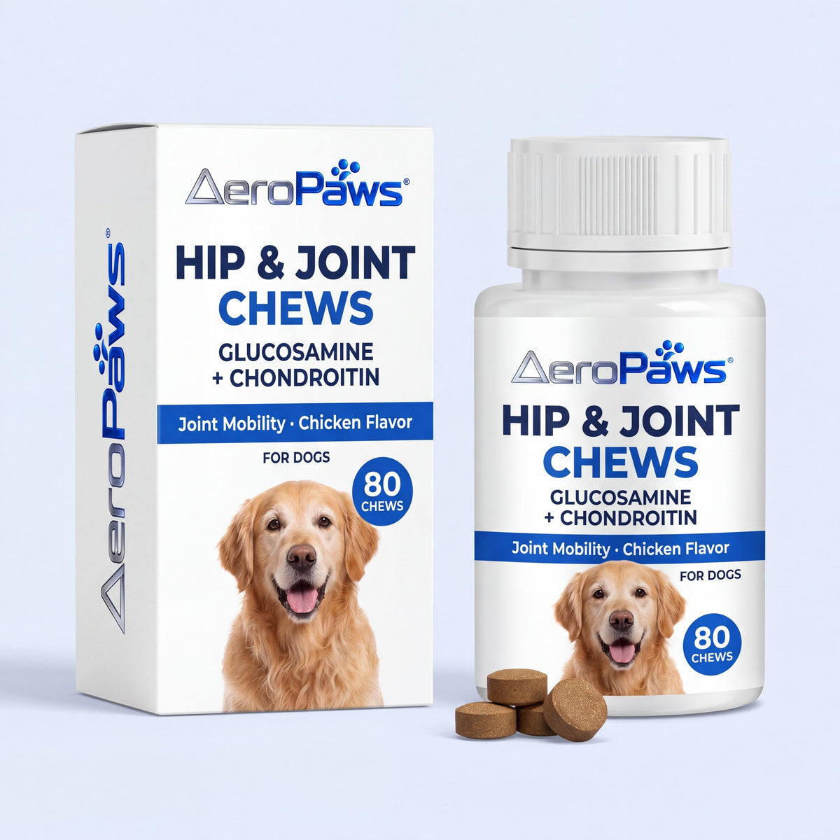 AeroPaws Hip & Joint Chews bottle and box with chicken-flavoured chewable tablets
