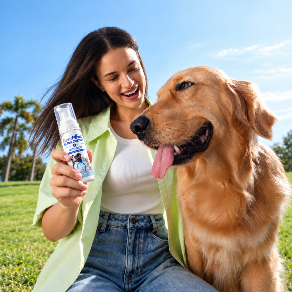 A pet parent with her golden retriever and AeroPaws foam