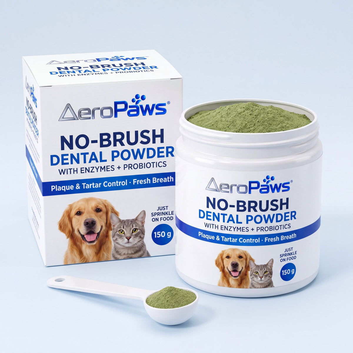 AeroPaws No-Brush Dental Powder jar and box with a scoop of fine green powder