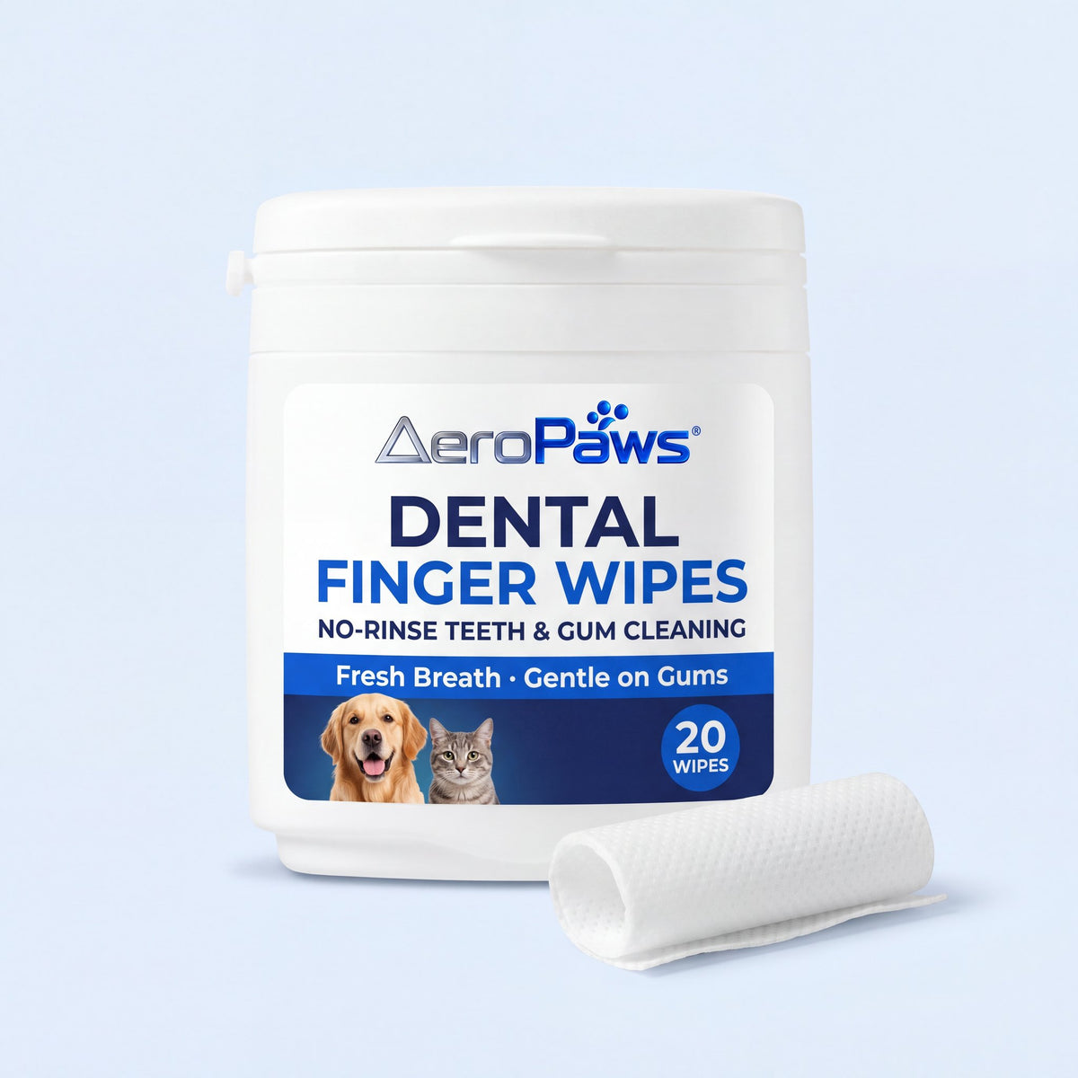 AeroPaws Dental Finger Wipes tub with a textured finger sleeve wipe