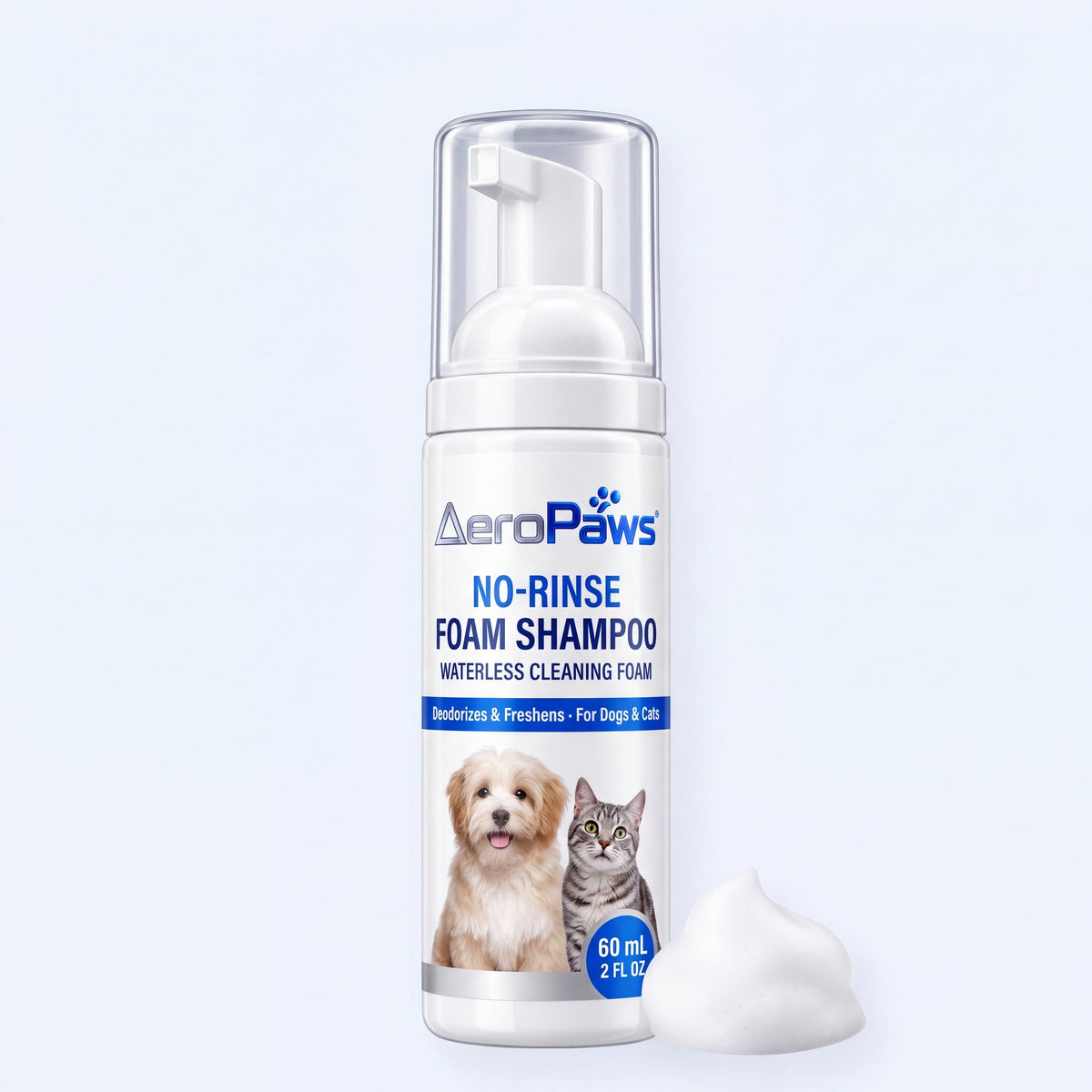 AeroPaws No-Rinse Foam Shampoo pump bottle with a dollop of white cleansing foam
