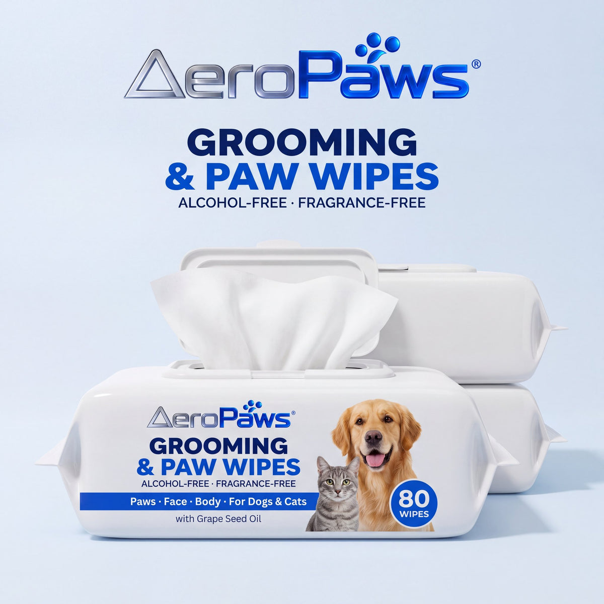 AeroPaws Grooming & Paw Wipes flip-top packs, alcohol-free and fragrance-free