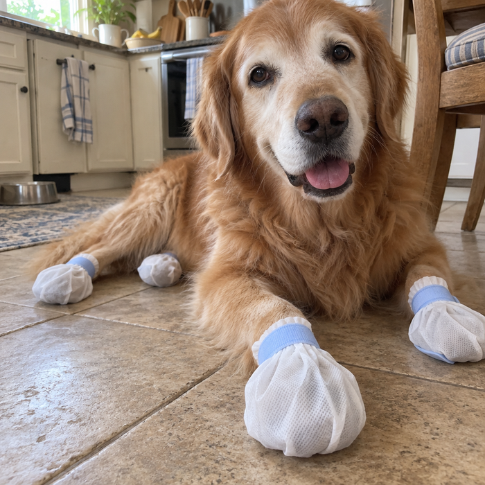 A golden retriever on the rug