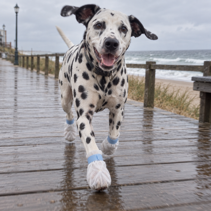 A Dalmatian on a wet boardwalk