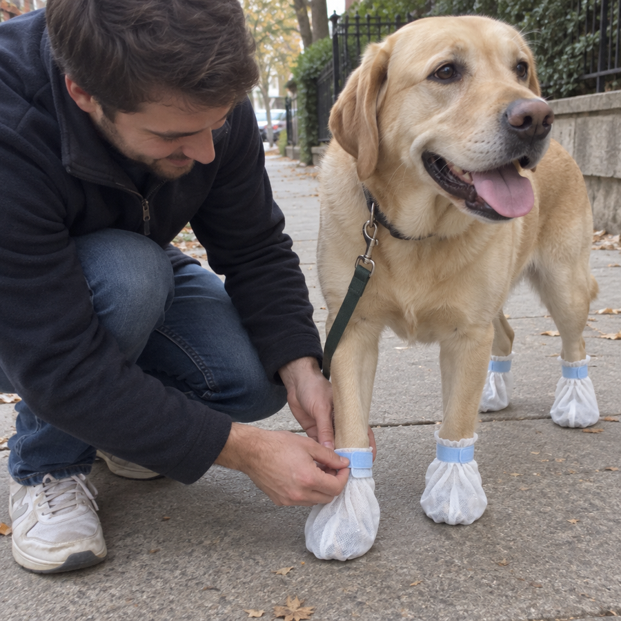 A pet parent fastening AeroPaws paw covers on a Labrador