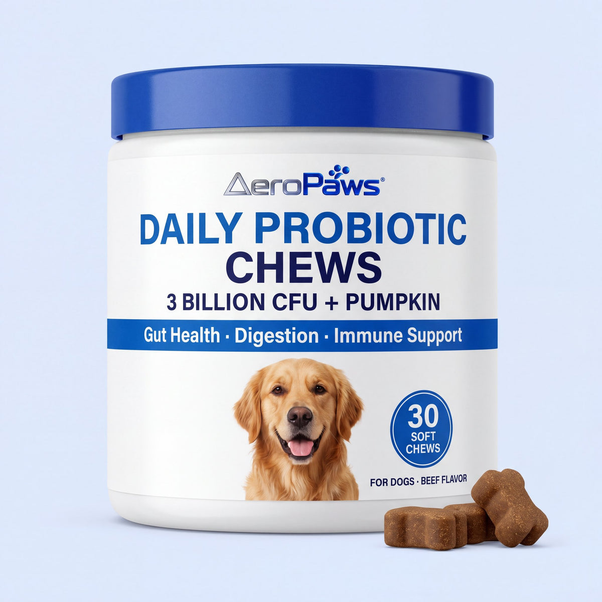 AeroPaws Daily Probiotic Chews tub with two beef-flavoured soft chews