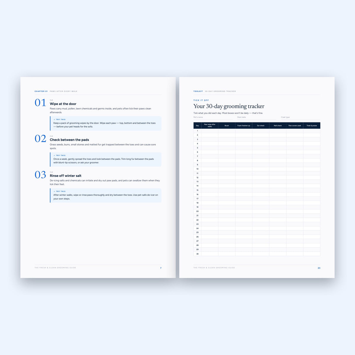 Inside The Fresh & Clean Grooming Guide: habits and tracker pages