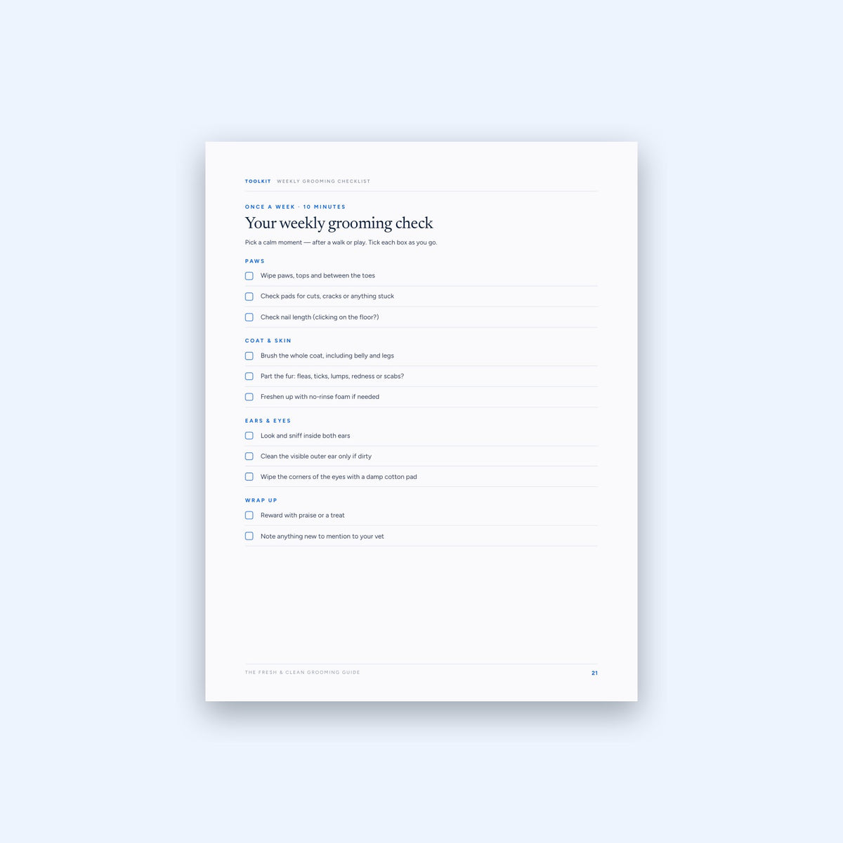 The Fresh & Clean Grooming Guide printable checklist page