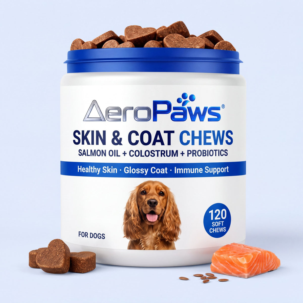AeroPaws Skin & Coat Chews tub with heart-shaped soft chews and fresh salmon