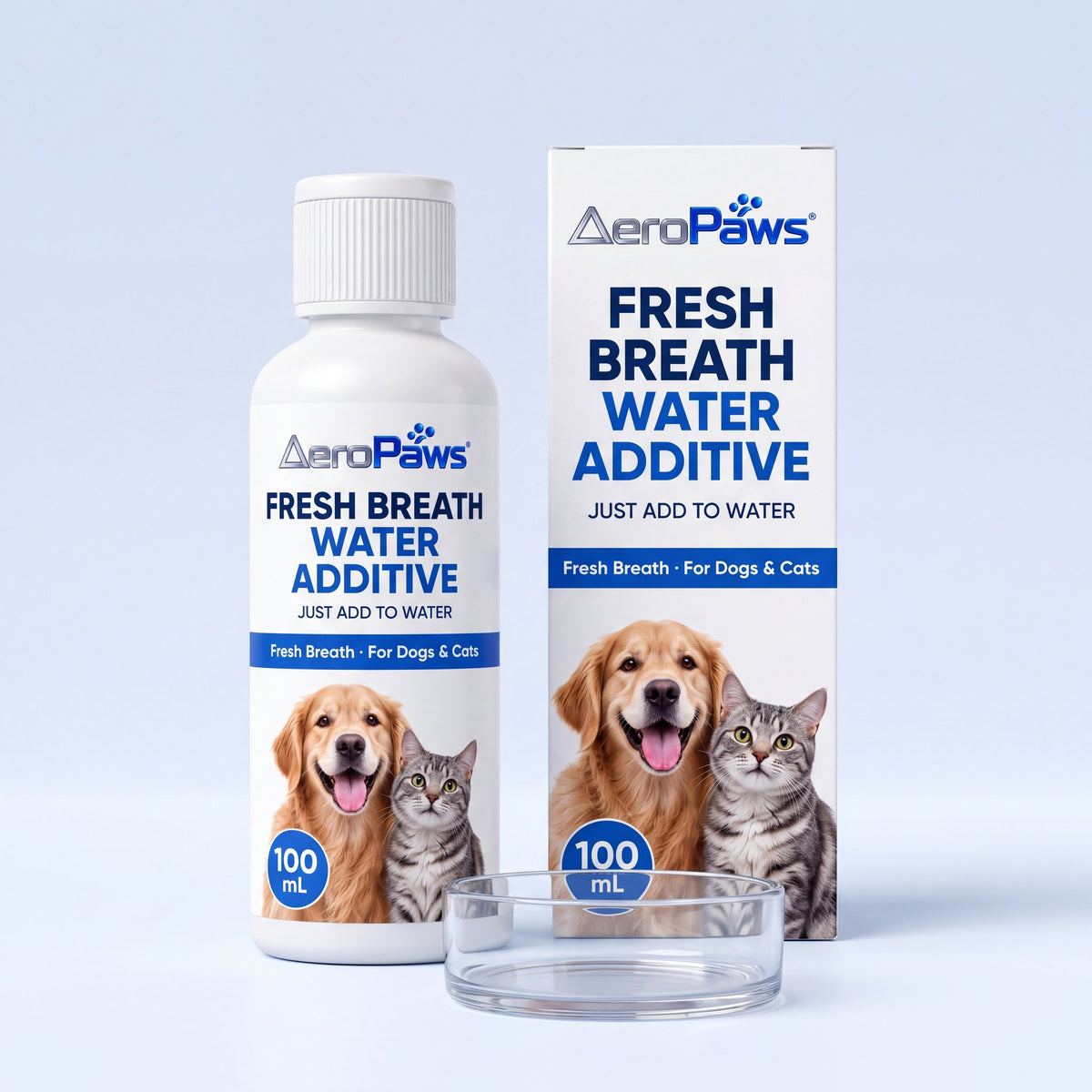 AeroPaws Fresh Breath Water Additive bottle and box beside a glass water bowl